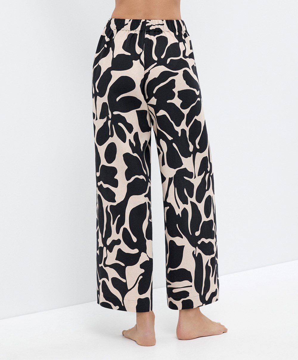 Oysho Tropical Pamut/Linen Széles Cipő-leg Trousers Fekete | HYTCJN-261