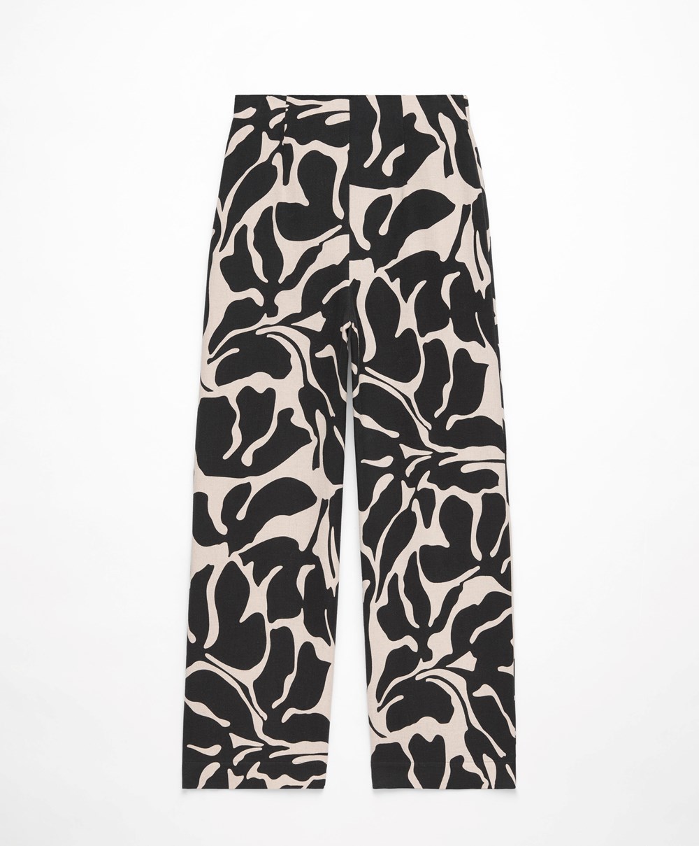 Oysho Tropical Pamut/Linen Széles Cipő-leg Trousers Fekete | HYTCJN-261