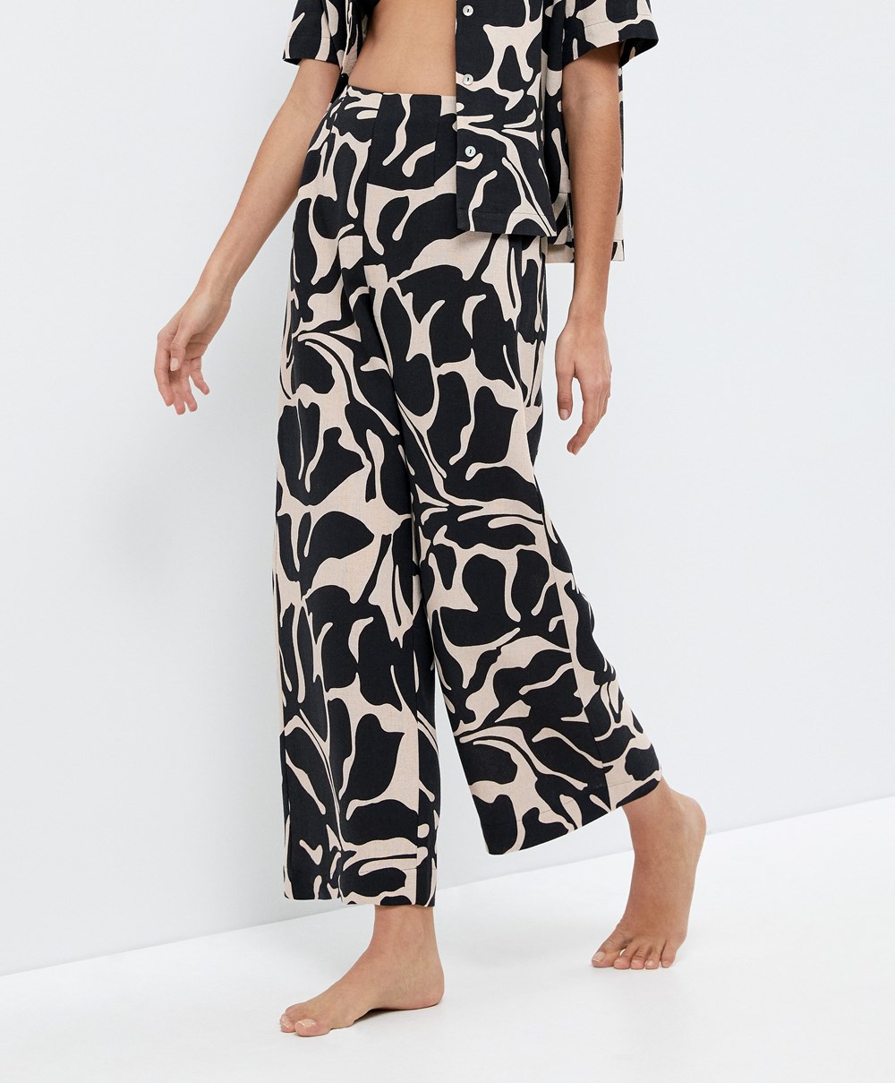 Oysho Tropical Pamut/Linen Széles Cipő-leg Trousers Fekete | HYTCJN-261