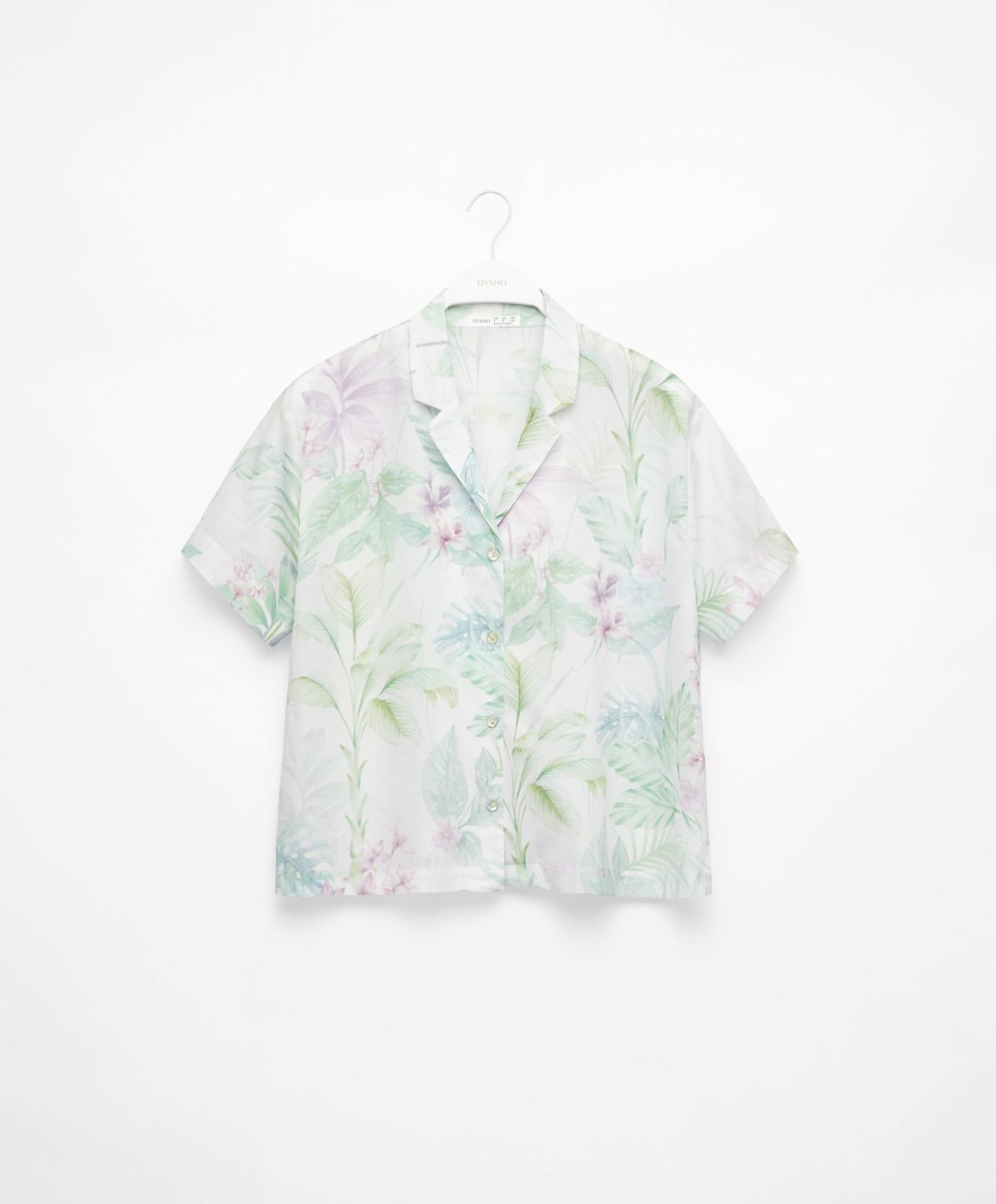 Oysho Tropical Print Rövid-sleeved 100% Pamut Shirt Soft Mauve | HVMPON-840