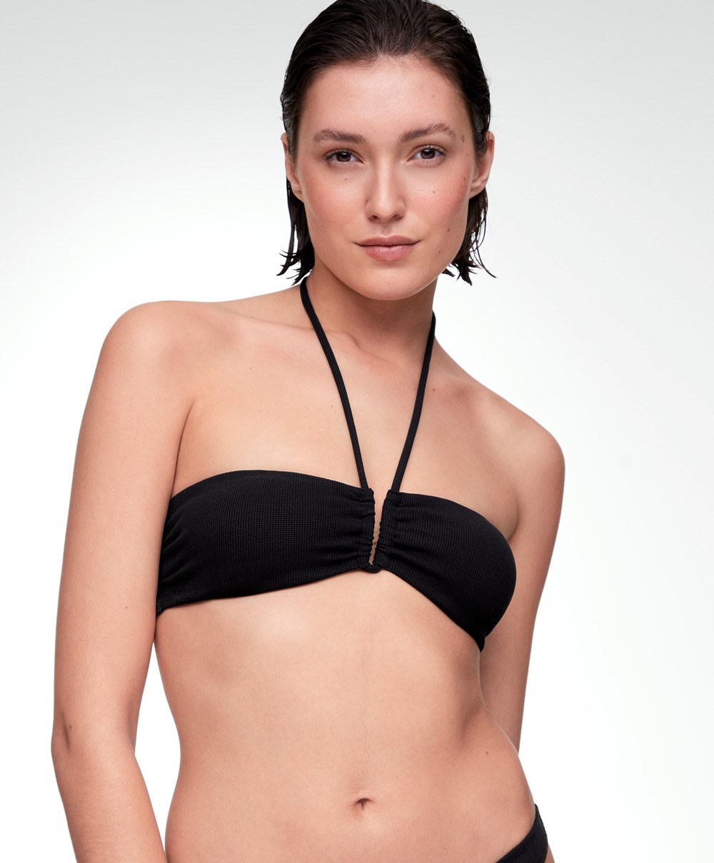 Oysho U-cut Bandeau Piqué Bikini Top Fekete | DTPNKH-278