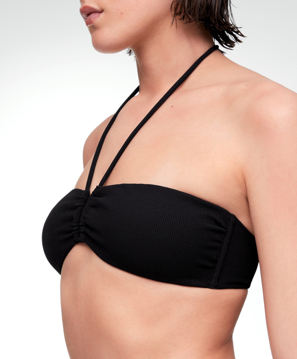 Oysho U-cut Bandeau Piqué Bikini Top Fekete | LPHZTK-563