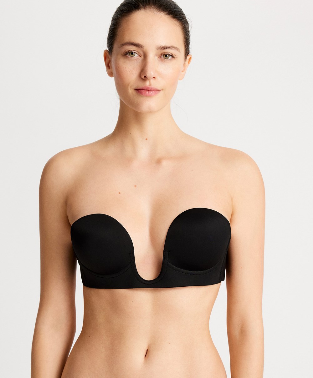 Oysho U-neck Fabric Adhesive Bra Fekete | WEYJHA-923