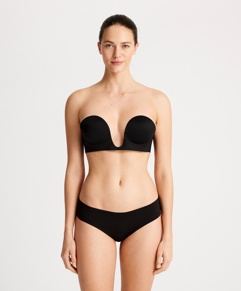 Oysho U-neck Fabric Adhesive Bra Fekete | WEYJHA-923