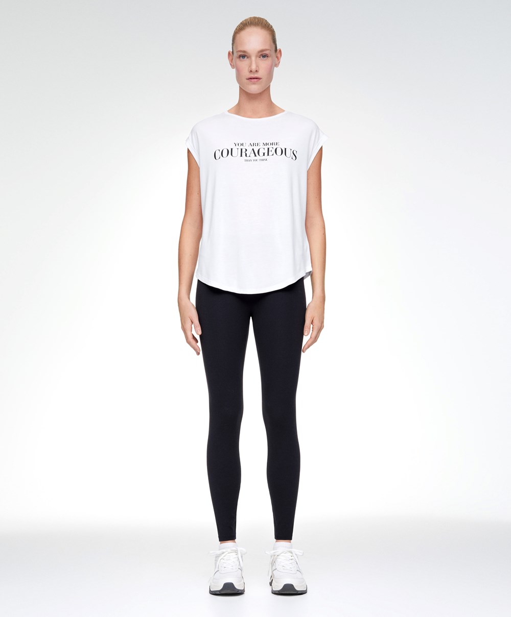 Oysho Ujjatlan Modal T-shirt With Text Ecru | MSORKC-865