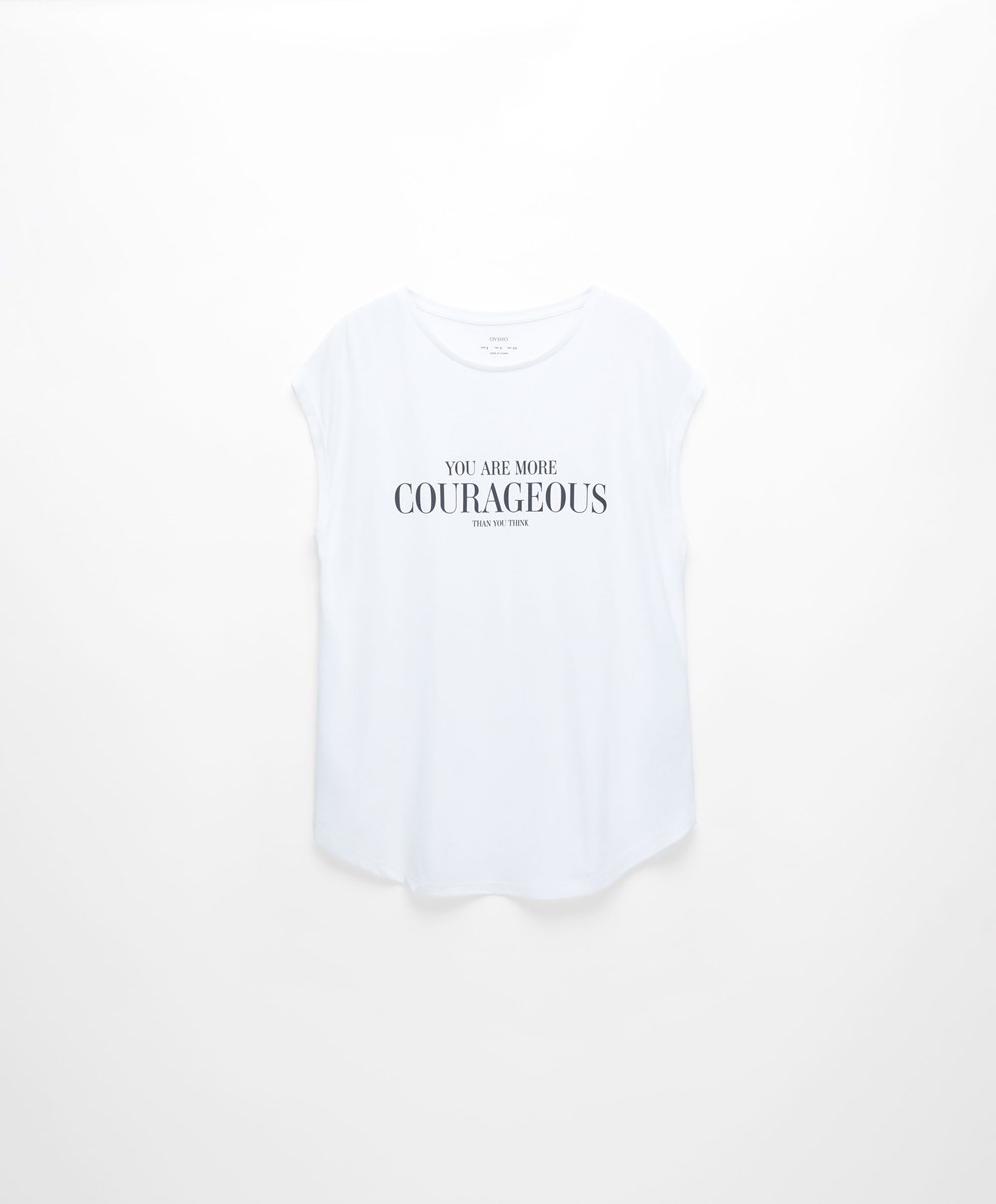 Oysho Ujjatlan Modal T-shirt With Text Ecru | MSORKC-865