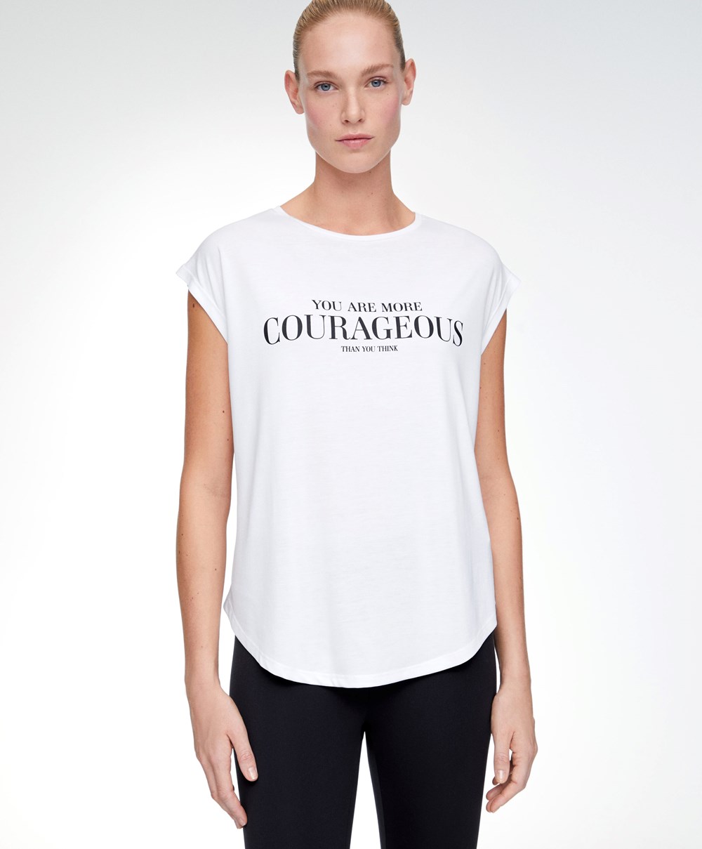 Oysho Ujjatlan Modal T-shirt With Text Ecru | MSORKC-865