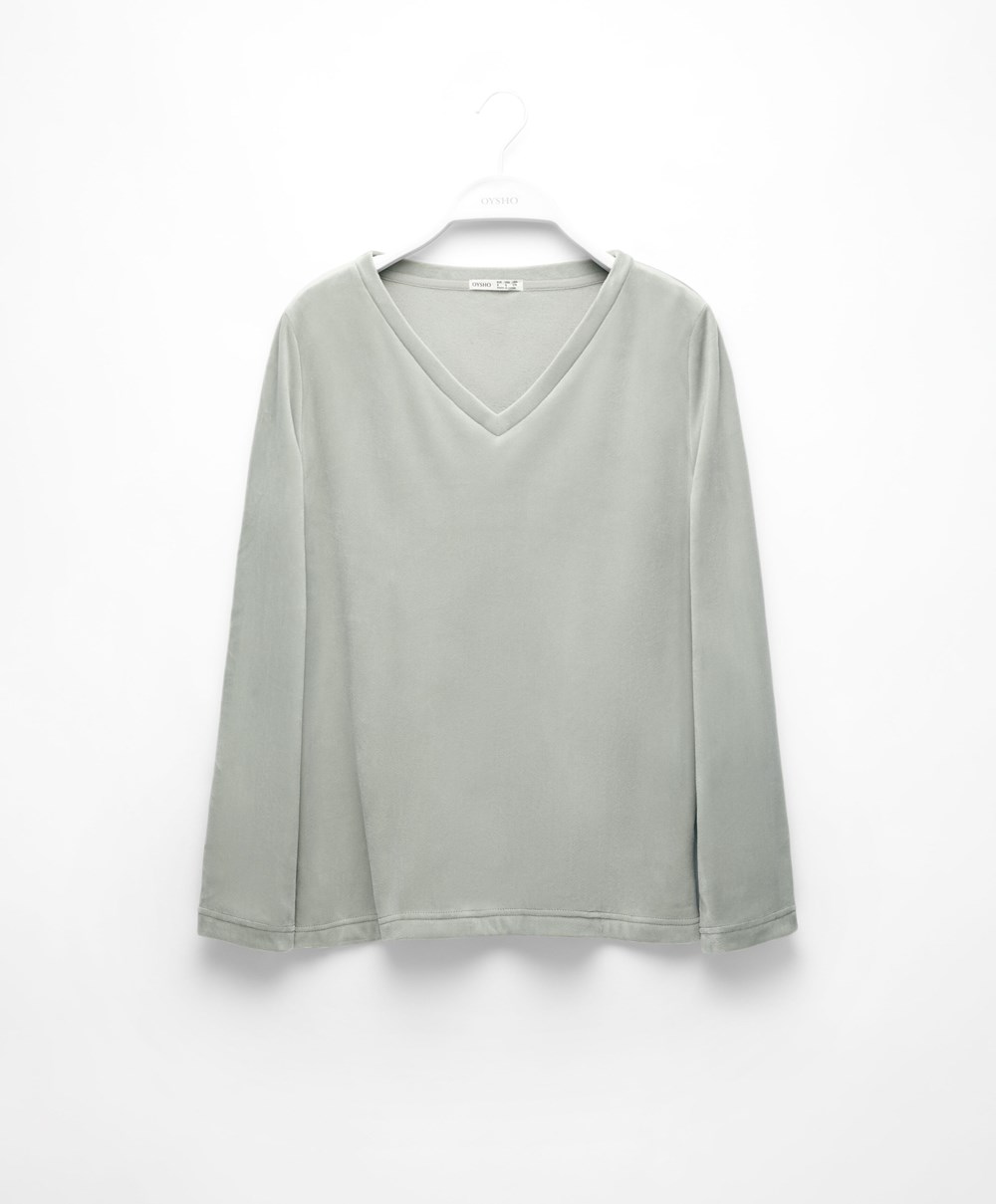 Oysho Velour Long-sleeved T-shirt Green-grey | ZORMCI-019