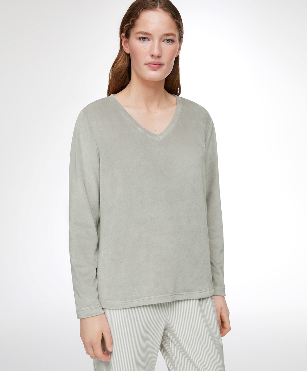 Oysho Velour Long-sleeved T-shirt Green-grey | ZORMCI-019