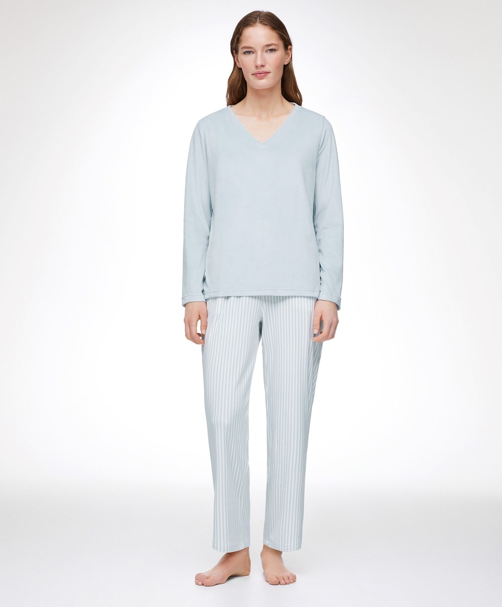 Oysho Velour Long-sleeved T-shirt Kék | MEPTGU-239