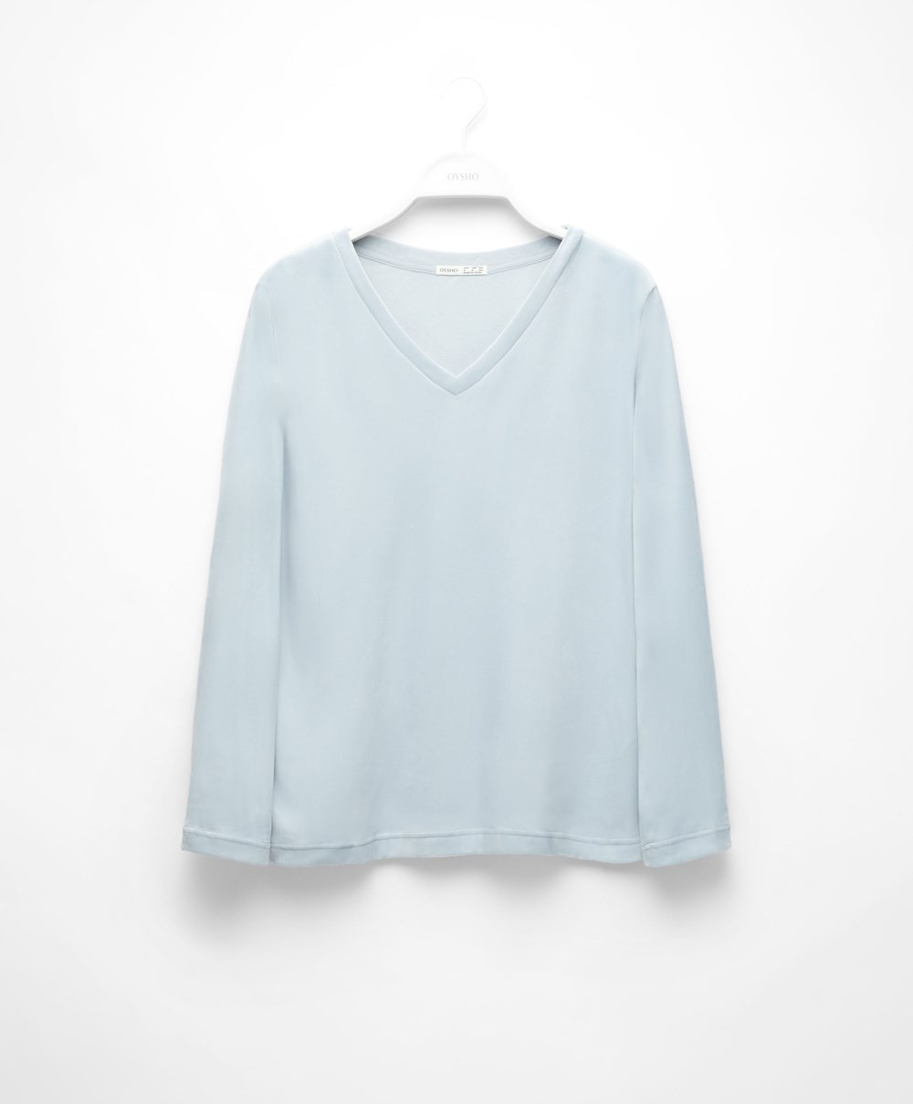 Oysho Velour Long-sleeved T-shirt Kék | MEPTGU-239