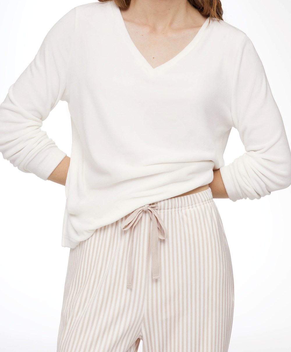 Oysho Velour Long-sleeved T-shirt Pale Ecru | EJINWS-984