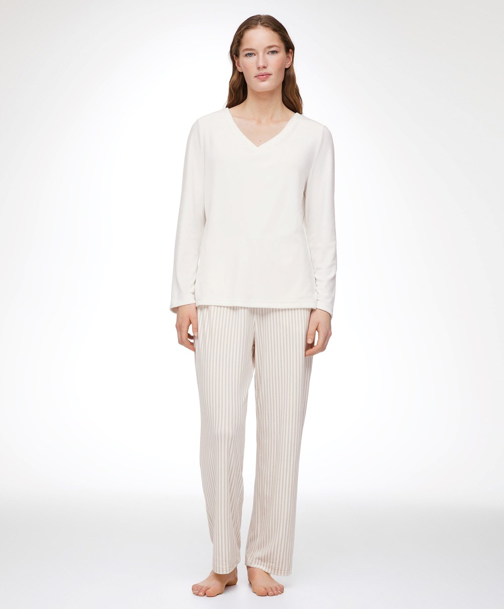 Oysho Velour Long-sleeved T-shirt Pale Ecru | EJINWS-984