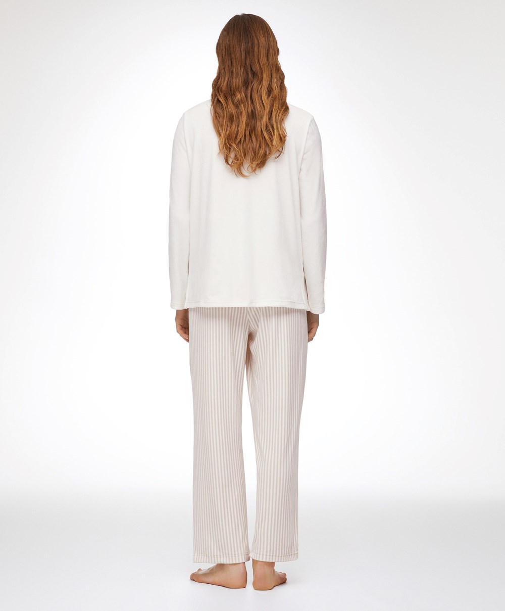 Oysho Velour Long-sleeved T-shirt Pale Ecru | EJINWS-984