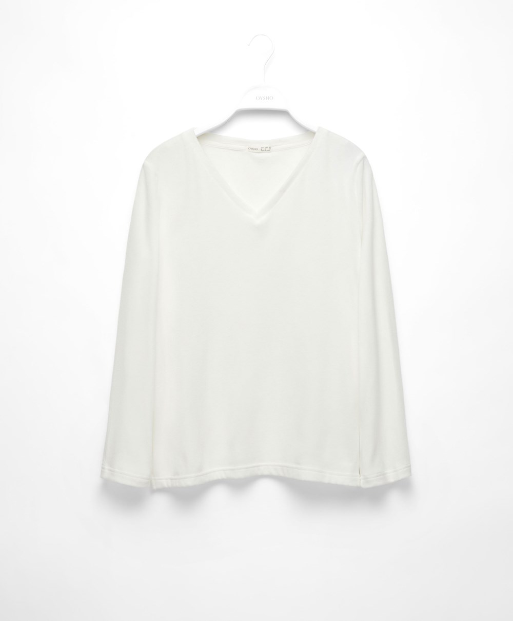 Oysho Velour Long-sleeved T-shirt Pale Ecru | EJINWS-984