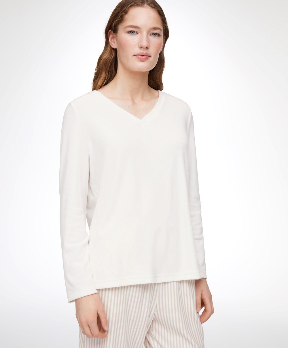 Oysho Velour Long-sleeved T-shirt Pale Ecru | EJINWS-984