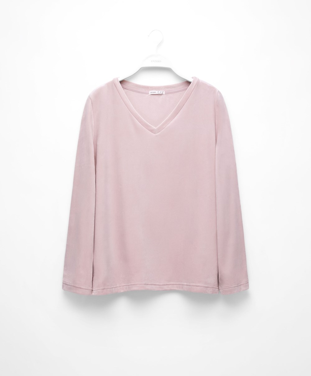 Oysho Velour Long-sleeved T-shirt Rózsaszín | RYSJXM-375