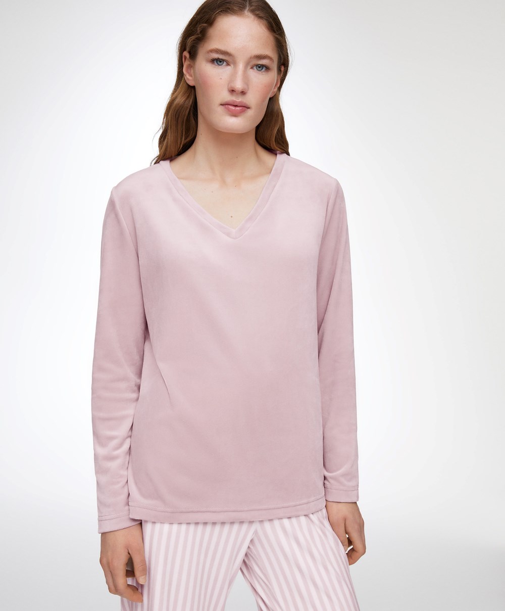 Oysho Velour Long-sleeved T-shirt Rózsaszín | RYSJXM-375