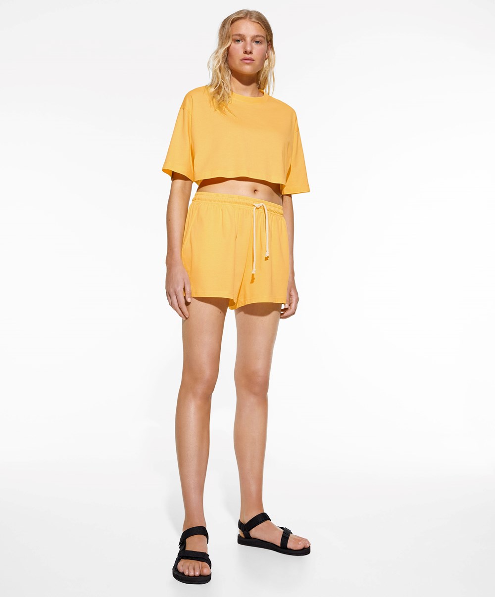 Oysho Washed 100% Pamut Crop T-shirt Mid-yellow | FBSLXG-935