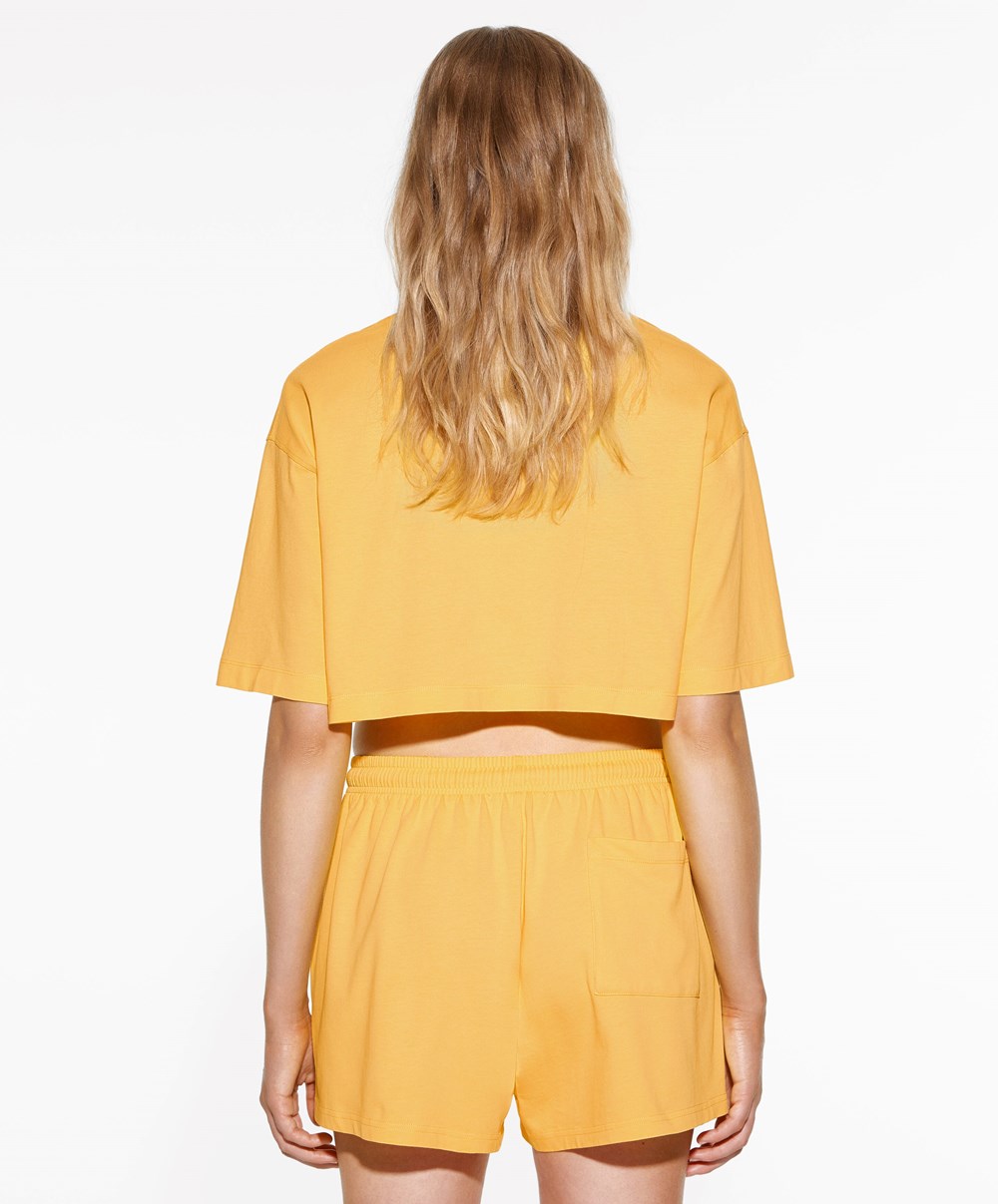 Oysho Washed 100% Pamut Crop T-shirt Mid-yellow | FBSLXG-935