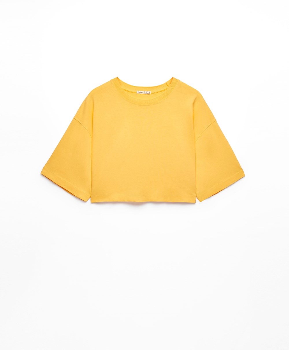 Oysho Washed 100% Pamut Crop T-shirt Mid-yellow | MZFDAS-063