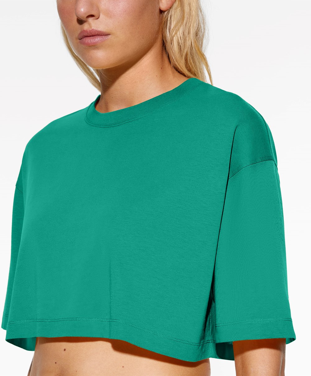 Oysho Washed 100% Pamut Crop T-shirt Zöld | BKRHUZ-085