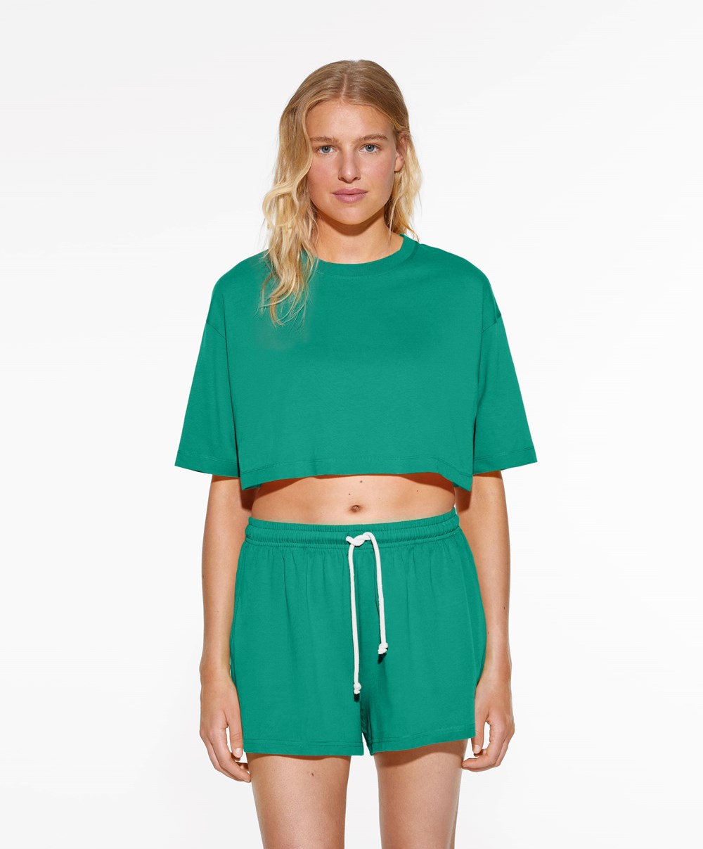 Oysho Washed 100% Pamut Crop T-shirt Zöld | BKRHUZ-085