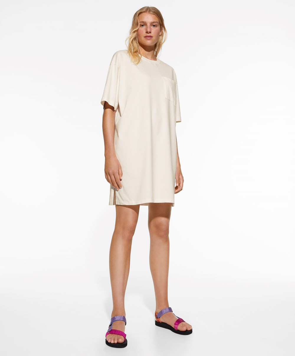 Oysho Washed 100% Pamut Long T-shirt Cream-white | MQKRNS-965