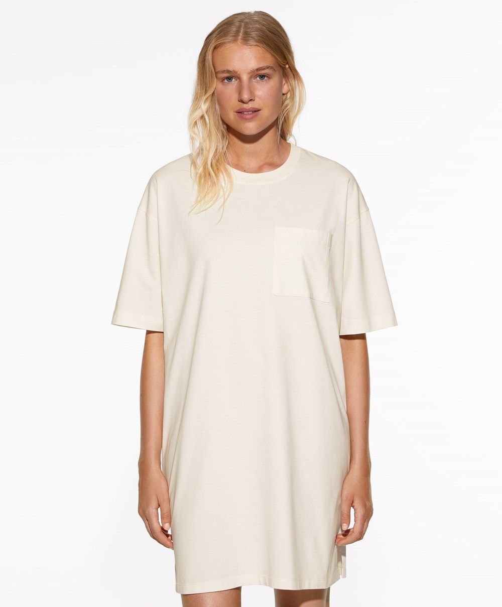 Oysho Washed 100% Pamut Long T-shirt Cream-white | MQKRNS-965