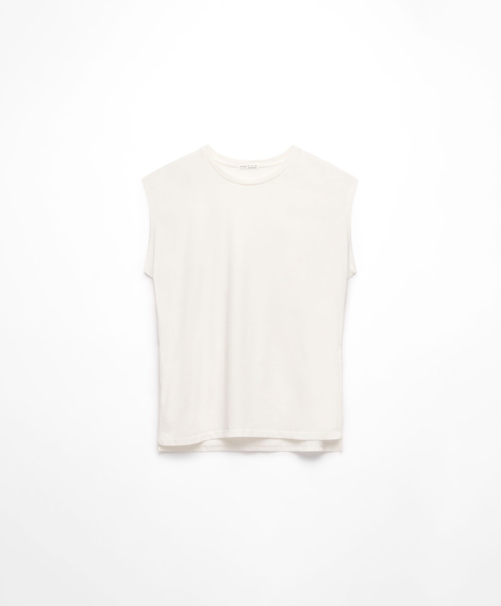 Oysho Washed 100% Pamut Ujjatlan T-shirt Cream-white | CSDAFW-621