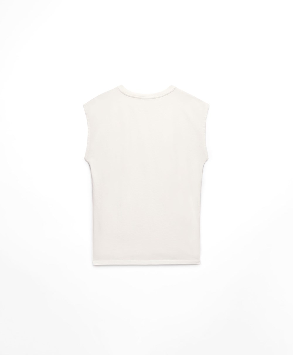 Oysho Washed 100% Pamut Ujjatlan T-shirt Cream-white | CSDAFW-621