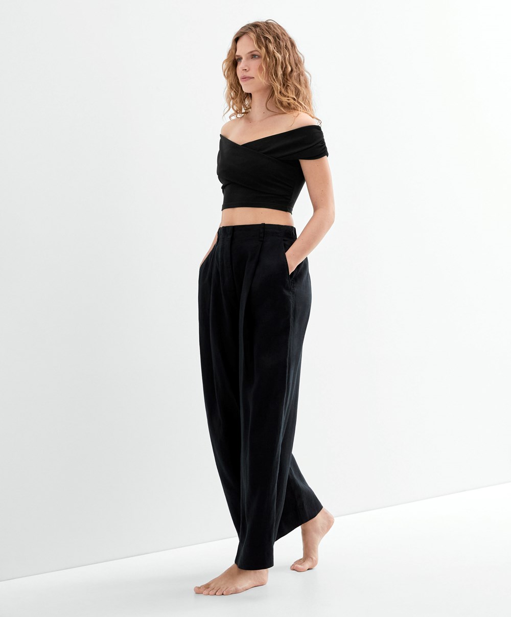 Oysho Wrap Off-shoulder Top Fekete | WQLDTP-850