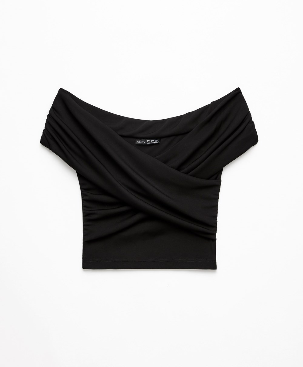 Oysho Wrap Off-shoulder Top Fekete | WQLDTP-850