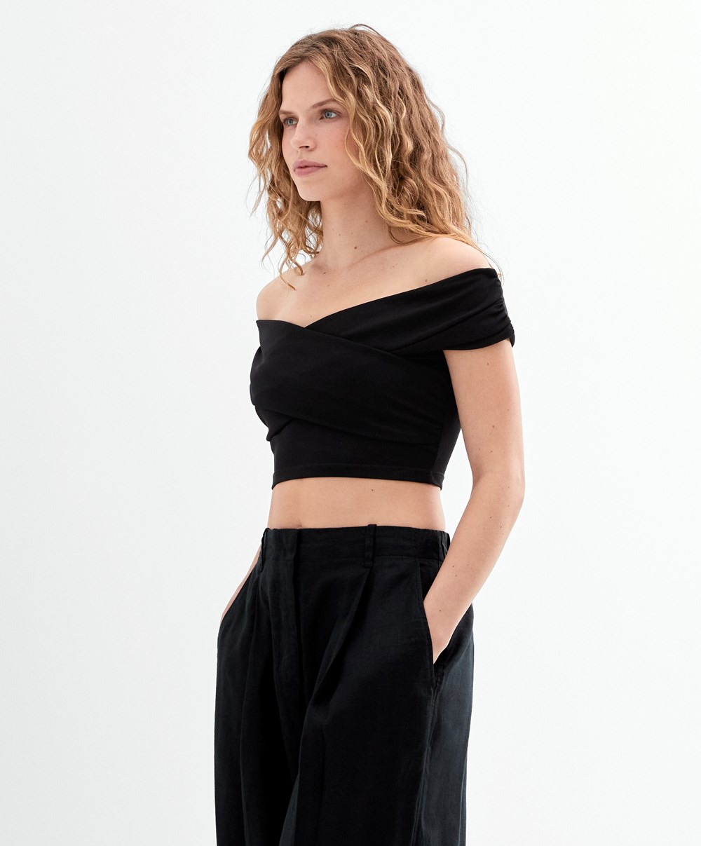 Oysho Wrap Off-shoulder Top Fekete | WQLDTP-850