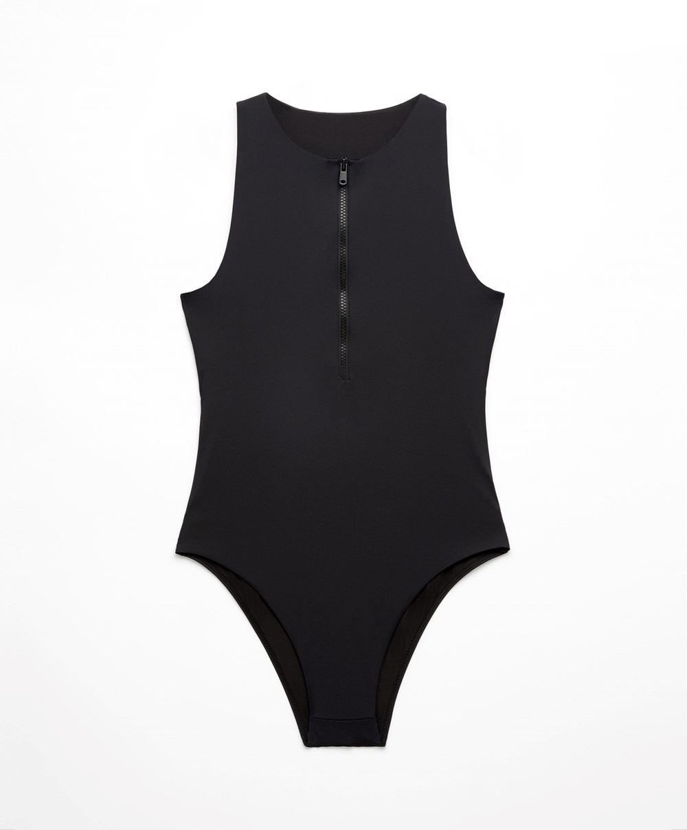 Oysho Zip Swimsuit Fekete | WECGLR-297