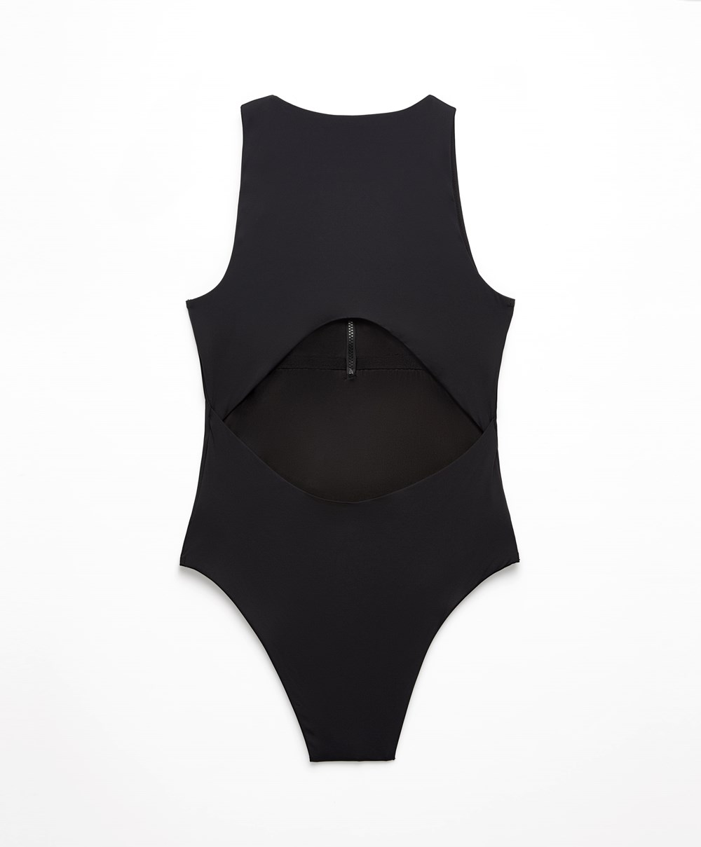 Oysho Zip Swimsuit Fekete | WECGLR-297