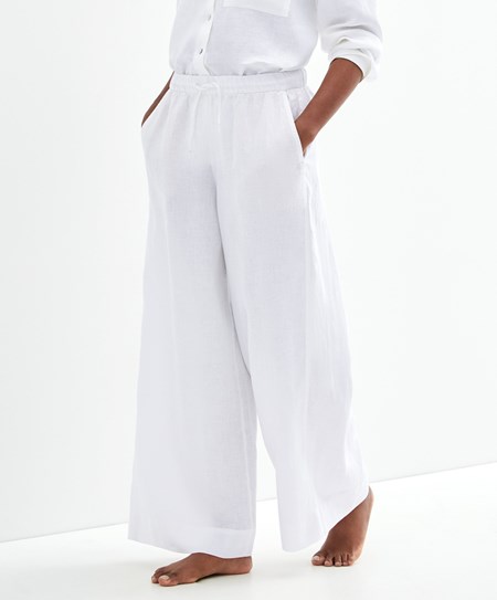 Oysho 100% Linen Széles Cipő Egyenes-leg Trousers Fehér | BHFMAI-062