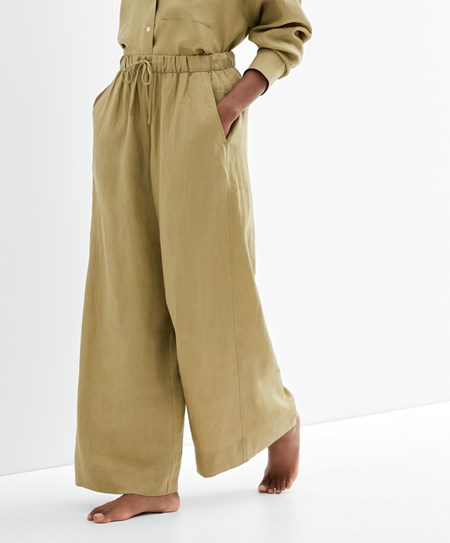 Oysho 100% Linen Széles Cipő Egyenes-leg Trousers Khaki | FRHTWX-803