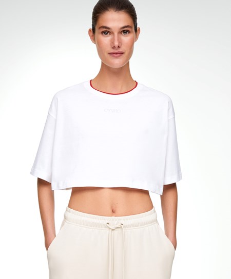 Oysho 100% Pamut Cropped Rövid-sleeved Logo T-shirt Piros | DCWUTL-508