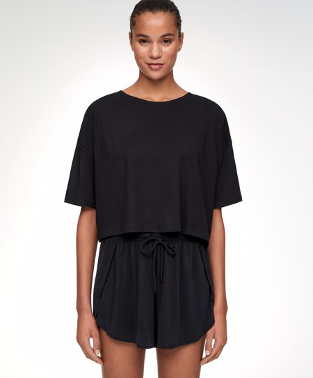 Oysho 100% Pamut Cropped Rövid-sleeved T-shirt Fekete | GXPHTD-078