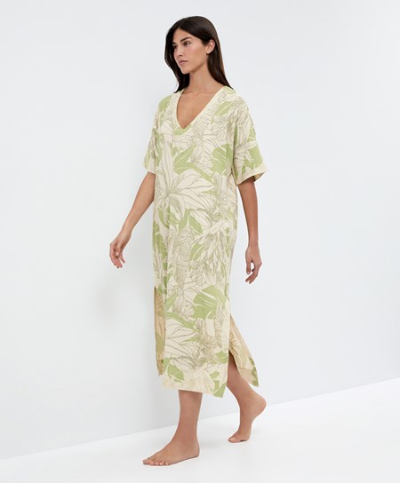 Oysho Beaded Embroidery Linen Midi Tunic Pale Pistachio | GLPDZF-098