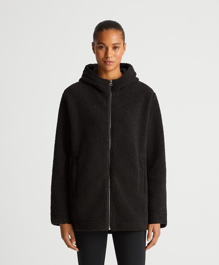 Oysho Csuklyás Fleece Jacket Fekete | TQLJOB-956