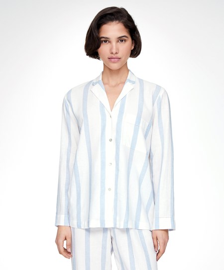 Oysho Csíkos Linen Long-sleeved Shirt Pale Ecru | ILRNAY-139