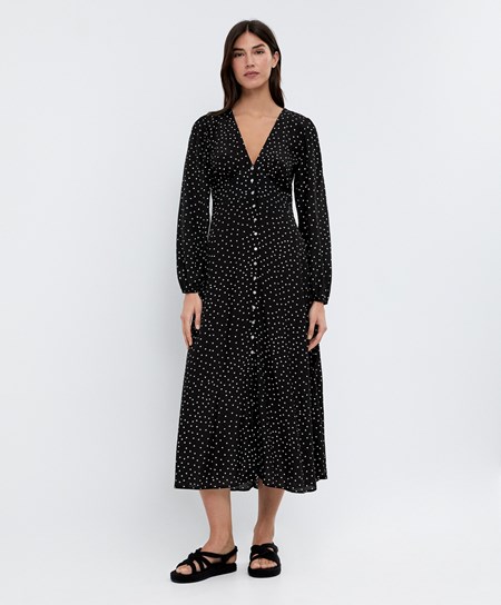 Oysho Dotted Long-sleeved Long Ruha Fekete | MKVPCI-206