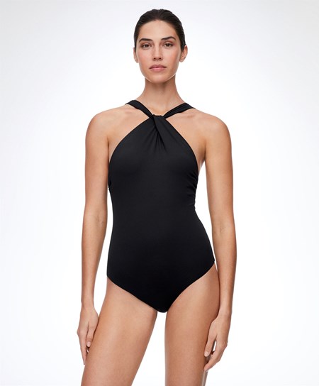 Oysho Draped Halter Swimsuit Fekete | OETVHY-934