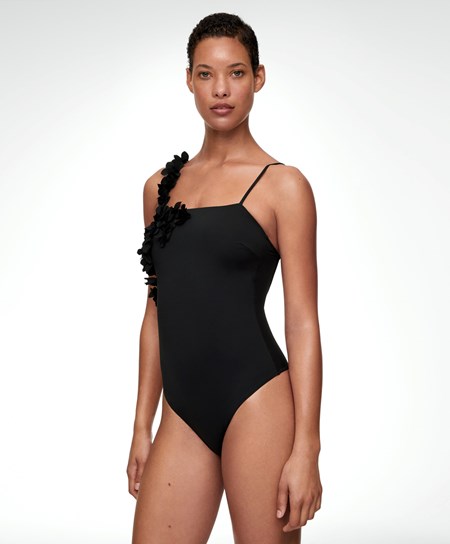 Oysho Floral Appliqué Bandeau Swimsuit Fekete | OZWFCG-971