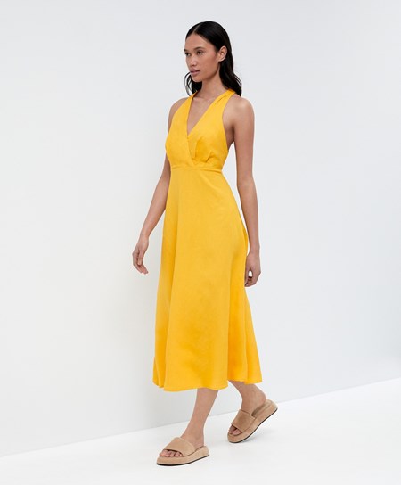 Oysho Knot Back Linen Halterneck Ruha Mid-yellow | JDOMLP-647