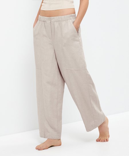 Oysho Linen Barrel Trousers Sand Melange | QHRZEY-421