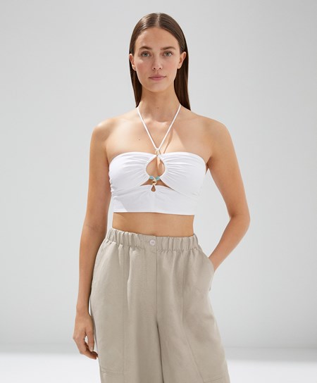 Oysho Linen Pántos Top With Stone Details Fehér | YCXWZF-216