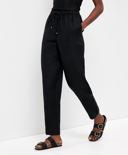 Oysho Linen Relaxed Fit Trousers Fekete | PEYKMX-278